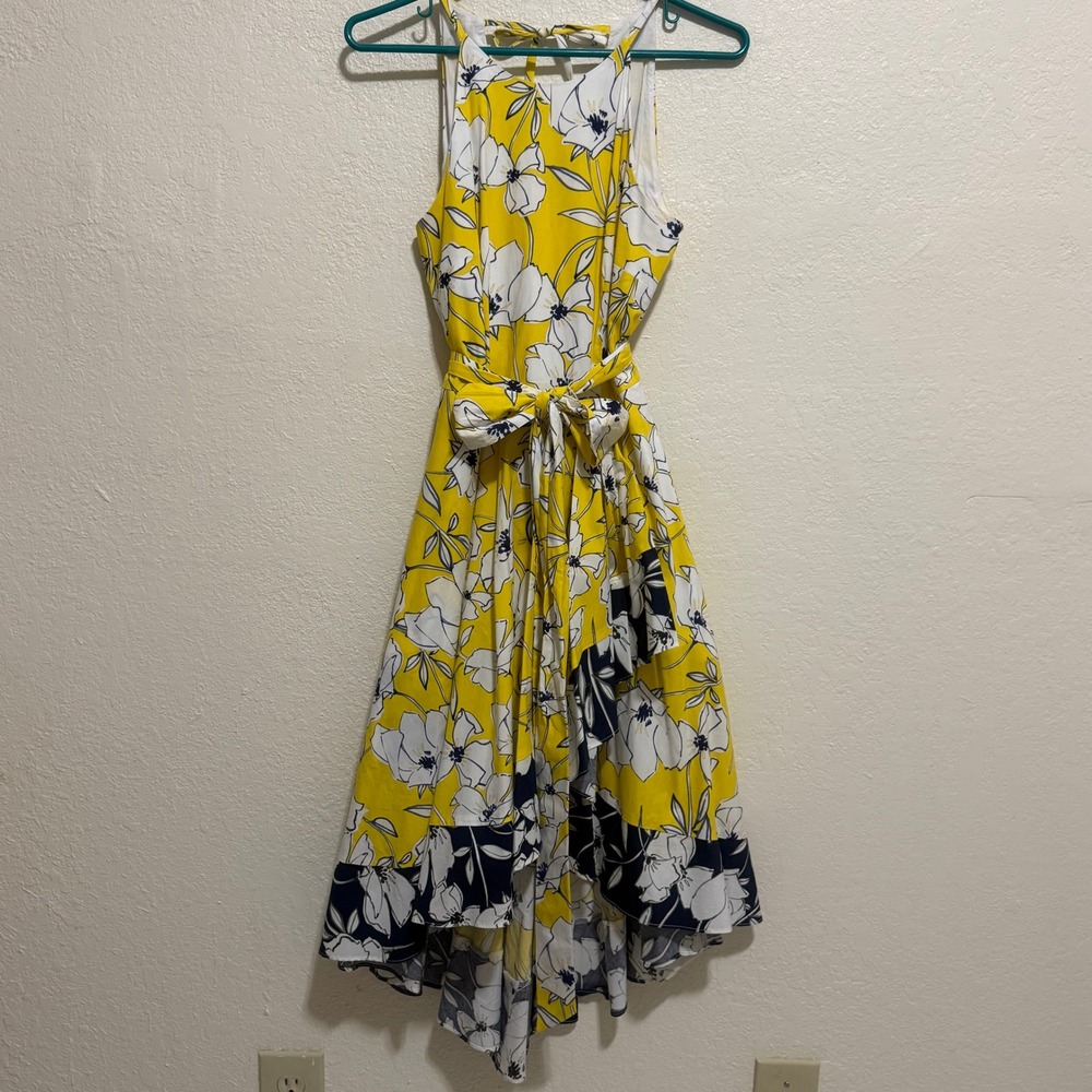 Eliza J Lora Ruffle Yellow Floral Halter High Low Midi Dress Navy White Size 2